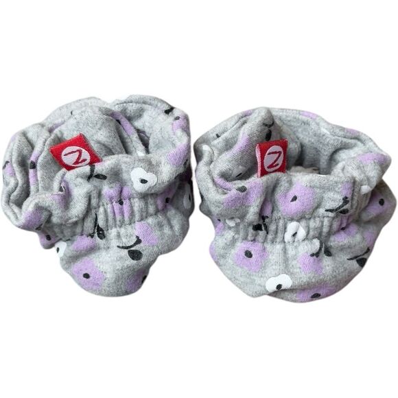 Zutano Baby Girls Cotton Gray Purple Flower Pattern Gripper Booties. 12 Months. - Picture 2 of 6